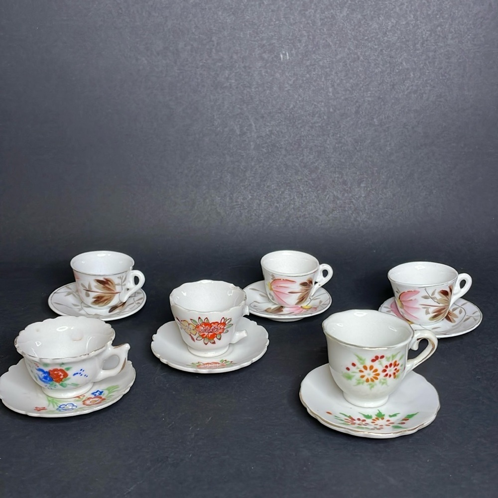 Set of (6) Mini‎ Teacup & Saucer JAPAN Floral Some w Damage Dainty Cottage Fairy